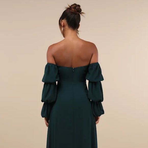 Lulus Demure Aura Emerald Tiered Balloon Sleeve Off-the-shoulder Dress Green - Picture 3 of 4